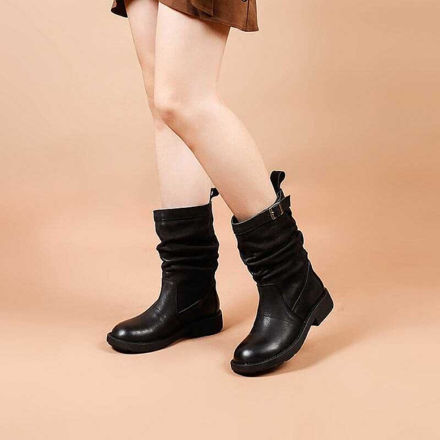 Dwarves Designer Leather Mid Calf Boots Fold Design Riding Boots Pull On Style With Buckle Detail In /