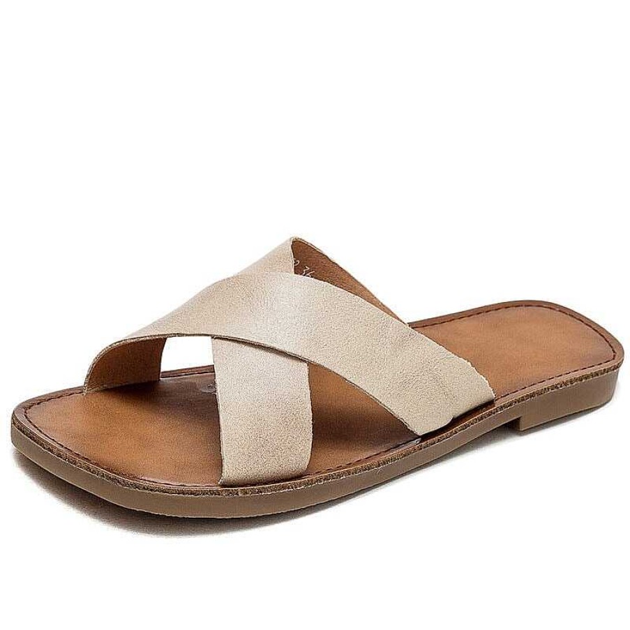 Dwarves Leather Cross Strap Slide Sandals For Women Flat Slippers In / /