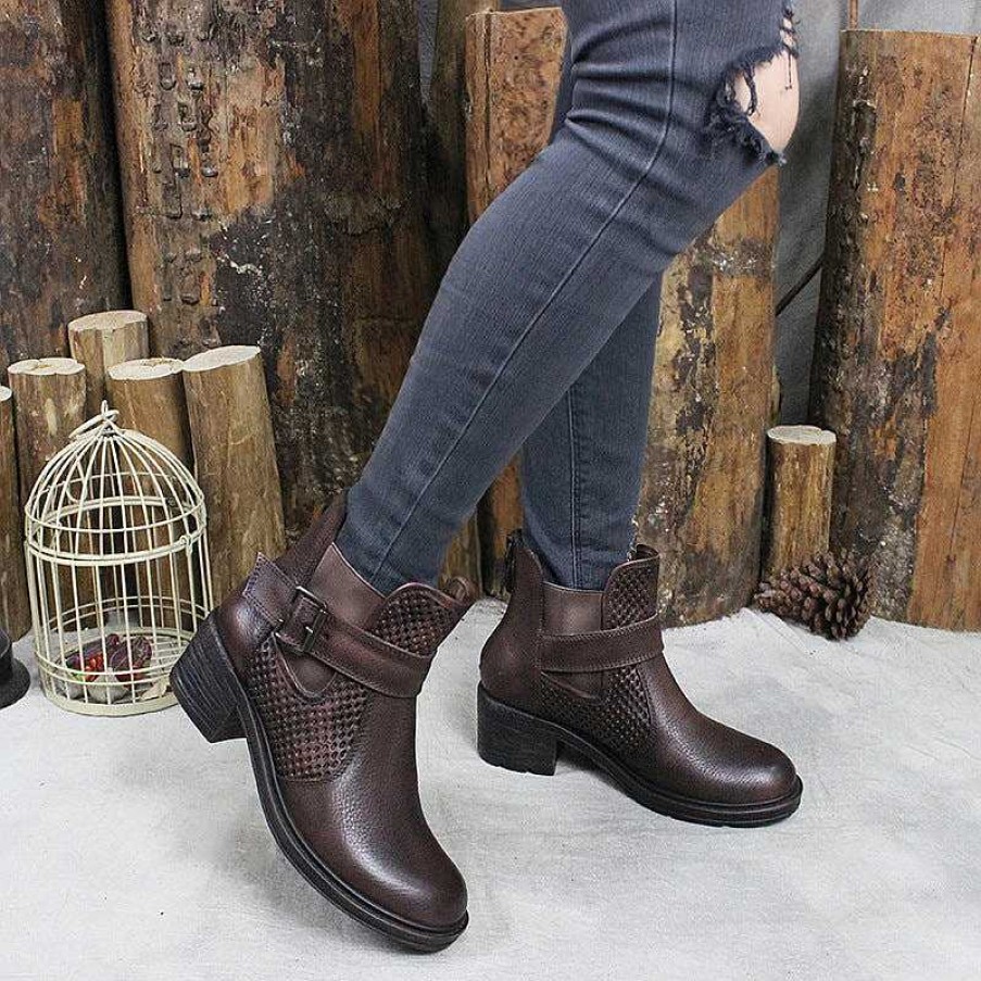 Dwarves Women'S Handmade Leather Ankle Boots Comfortable Walking Retro Martin Boots With Buckles