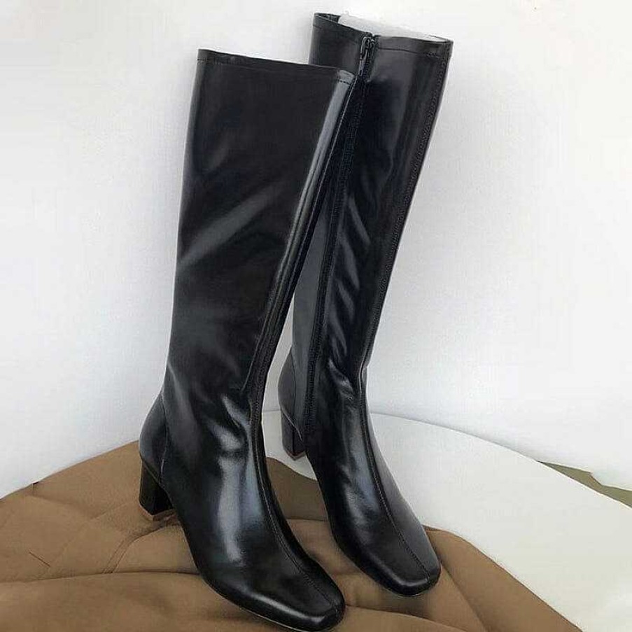 Dwarves Riding Boots For Women In / Leather - Mid Heel Tall Boots Slimming Boots