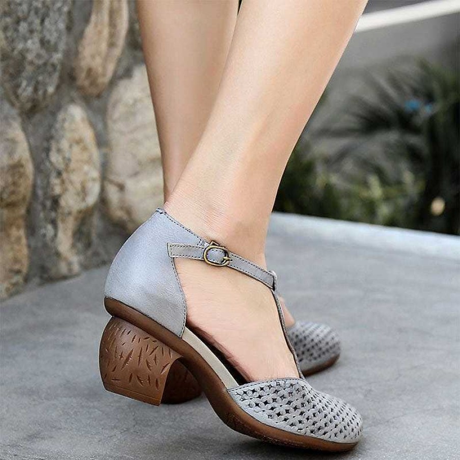 Dwarves Woven Leather T Strap Pumps For Women Original Design In Grey/