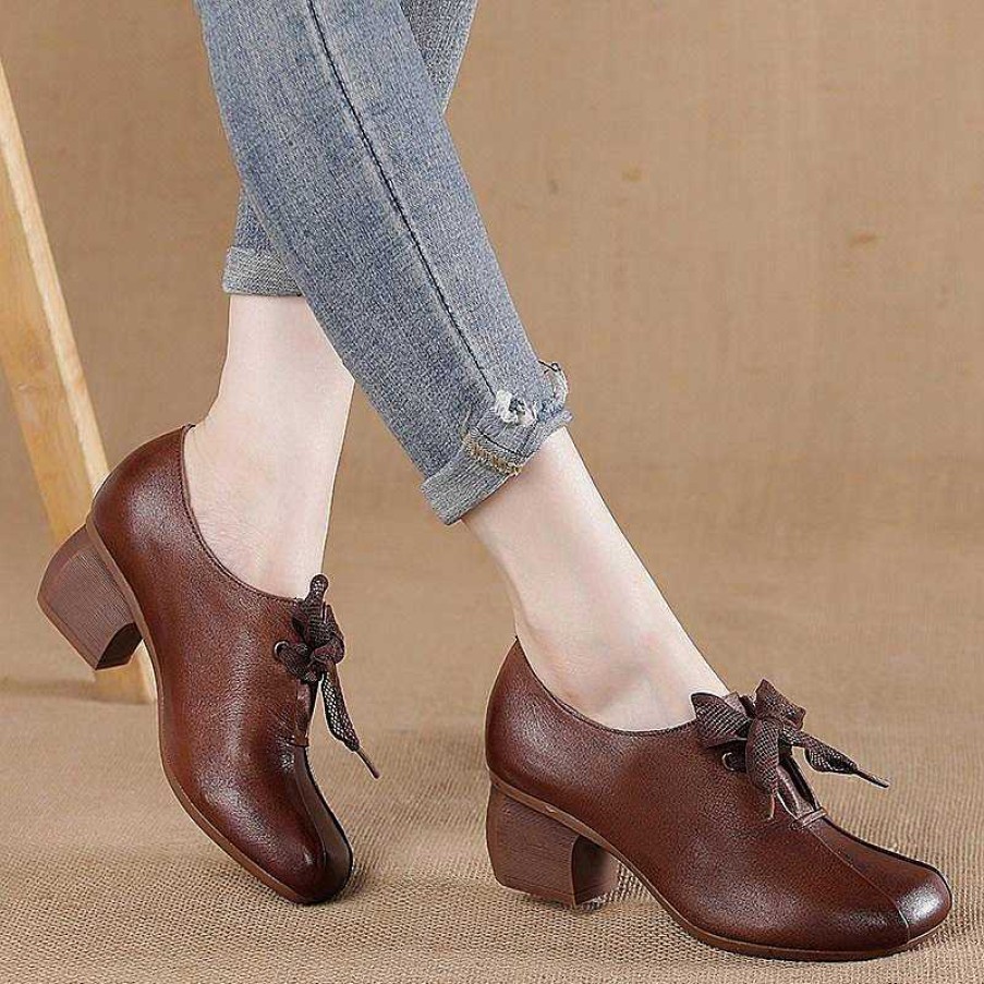 Dwarves Retro Leather Shoes Handmade Square Toe Chunky Heel For Women /