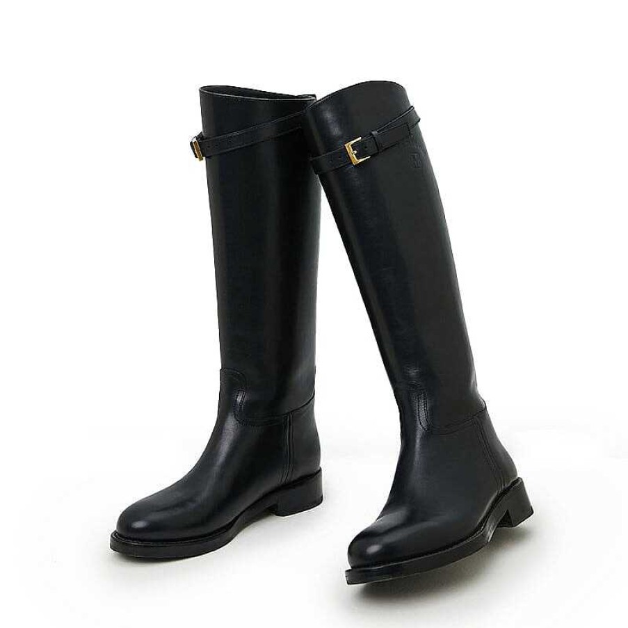 Dwarves Hand Stitching Cow Leather Riding Boots Round Toe Knee High Boots For Women In /