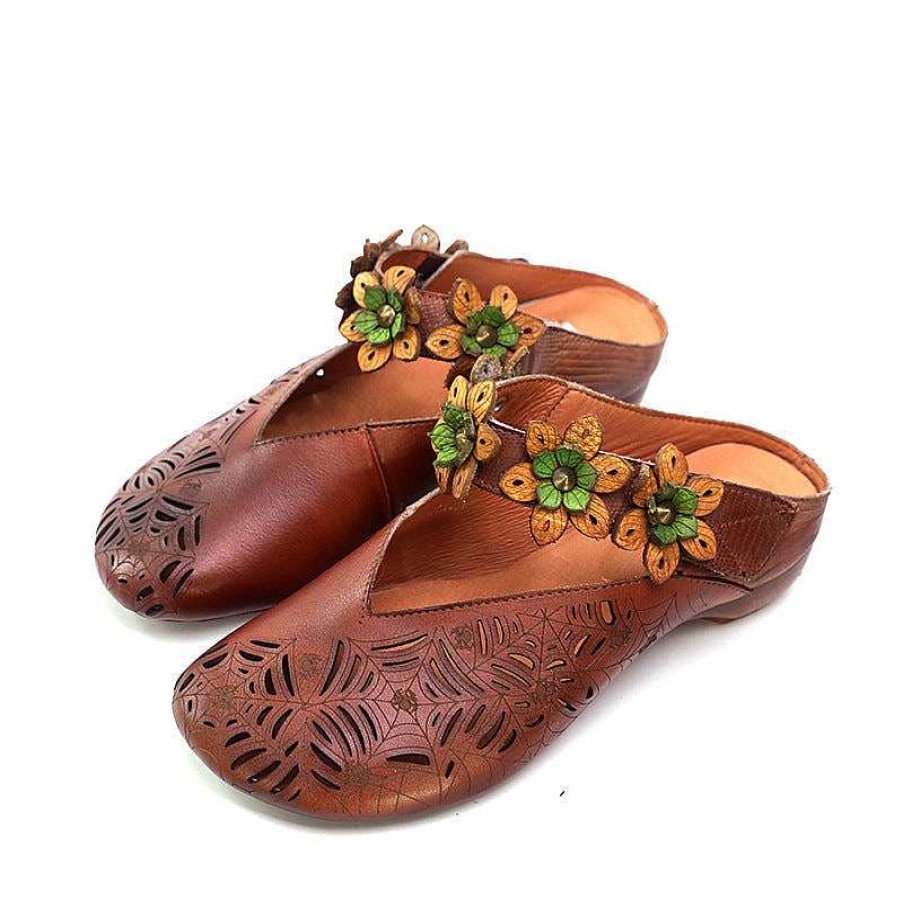 Dwarves Retro Leather Slide Sandals Summer Slippers Handmade Mules Flowers /