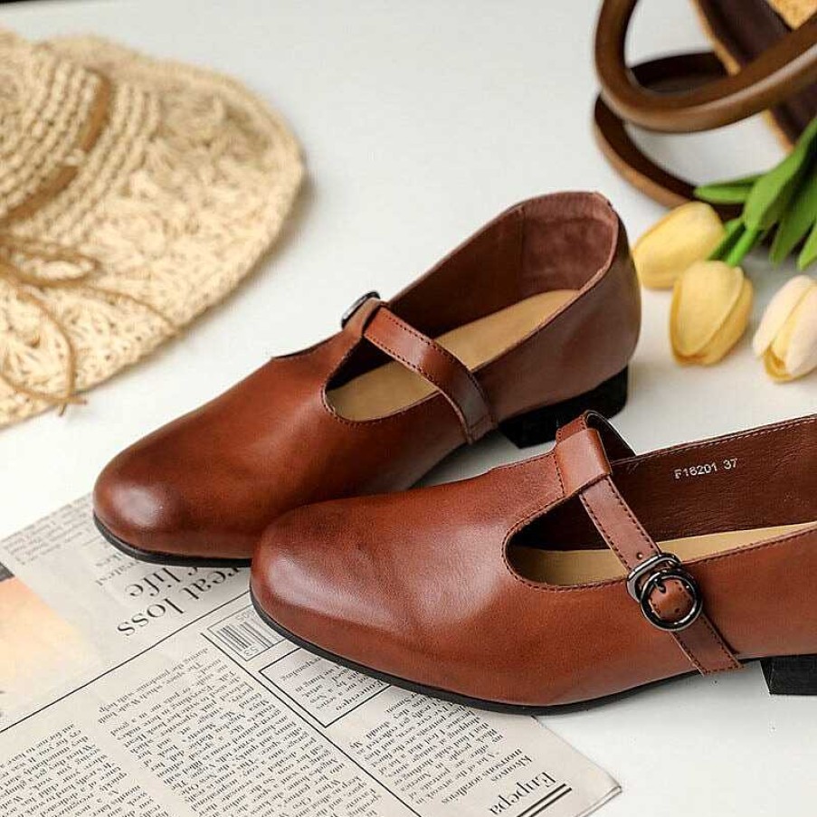 Dwarves Handmade Leather Mary Jane Shoes T Strap Leather Shoes In Coffee/