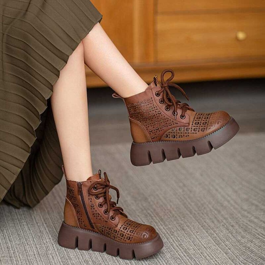 Dwarves Womens Breathable Summer Boots Handmade Leather Hollow Out Platform Boots /