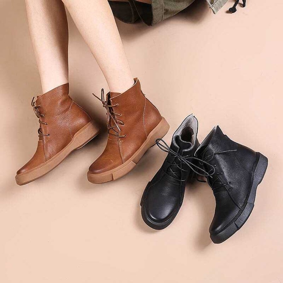 Dwarves Martin Boots Cowhide Leather Handmade Women'S Short Biker Booties Flat Oxfords