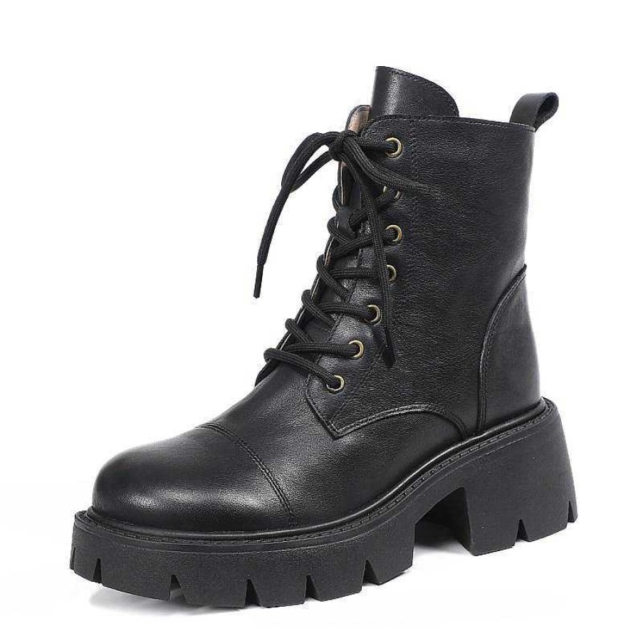 Dwarves Genuine Leather Martin Boots Lace-Up Combat Boots Retro Chunky Ankle Boots