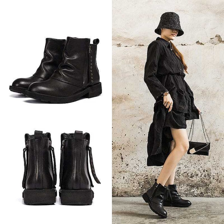 Dwarves Leather Zip Boots Retro Women Chunky Wrinkled Ankle Boots / /