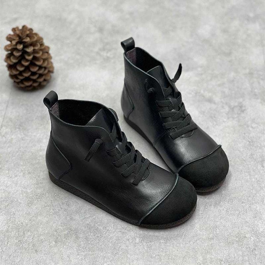 Dwarves Retro Genuine Leather Soft Flat Boots For Women Round Toe Lace Up Mori Girl Style Ankle Boots Wide Fit /