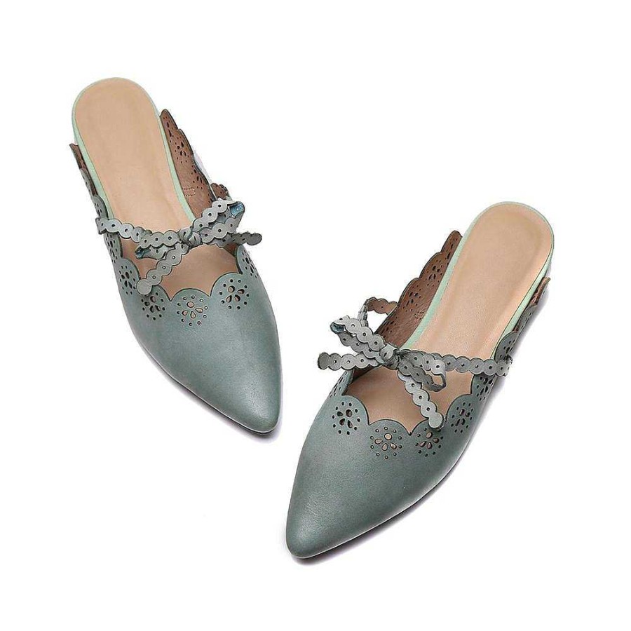 Dwarves Handmade Mules Women Cow Leather Bow-Knot Low Heel Pointed Toe Slip On Lady Flat Shoes Outside Slippers