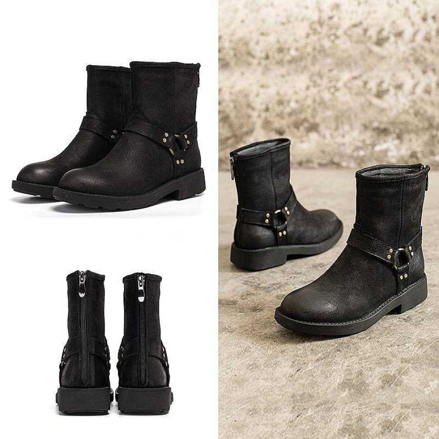 Dwarves Belted Short Plush Lined Snow Boots Chunky Heel Leather Short Boots For Winer Black /Coffee