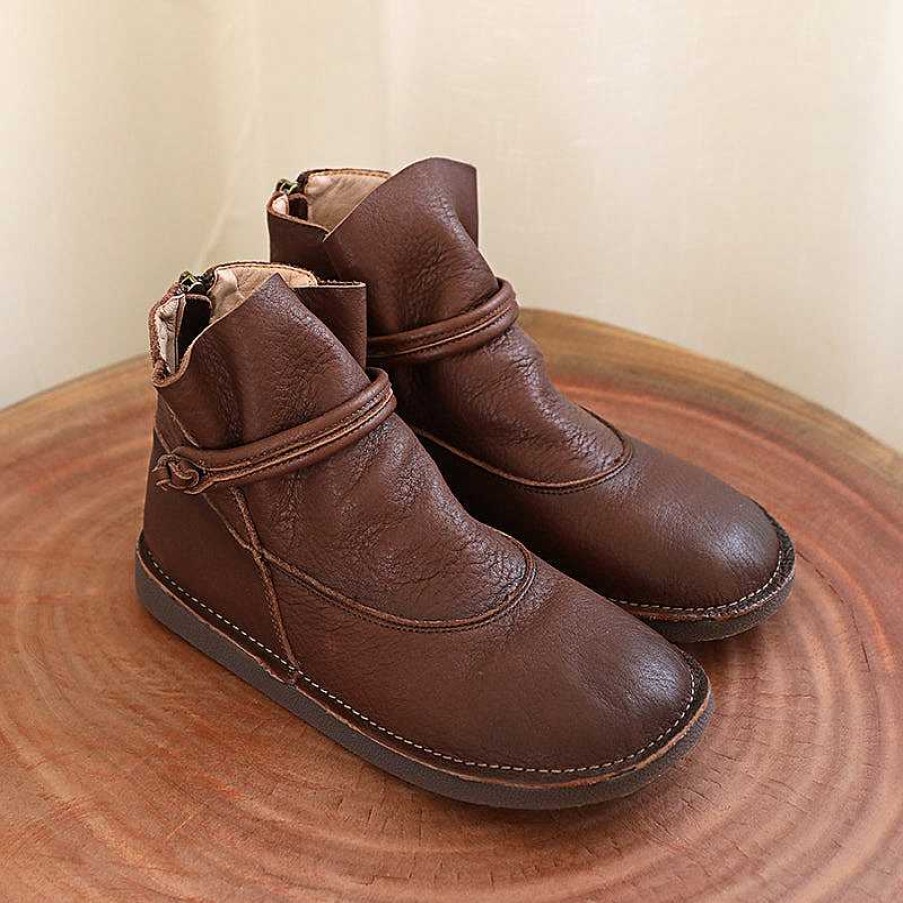 Dwarves Retro Genuine Leather Soft Flat Boots For Women Round Toe Mori Girl Style /