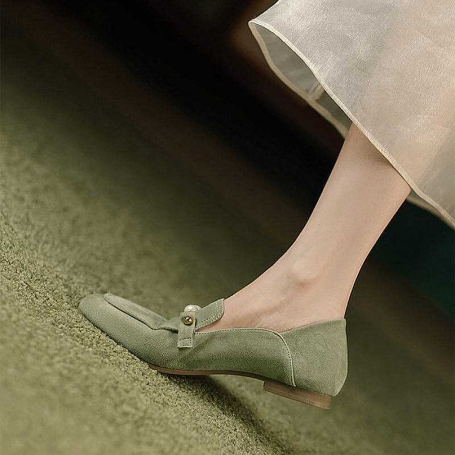 Dwarves Suede Leather Loafers For Women Pearls Details Round Toe In