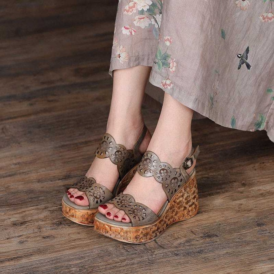 Dwarves Handmade Strappy Leather Retro Peep Toe Wedges Sandals /