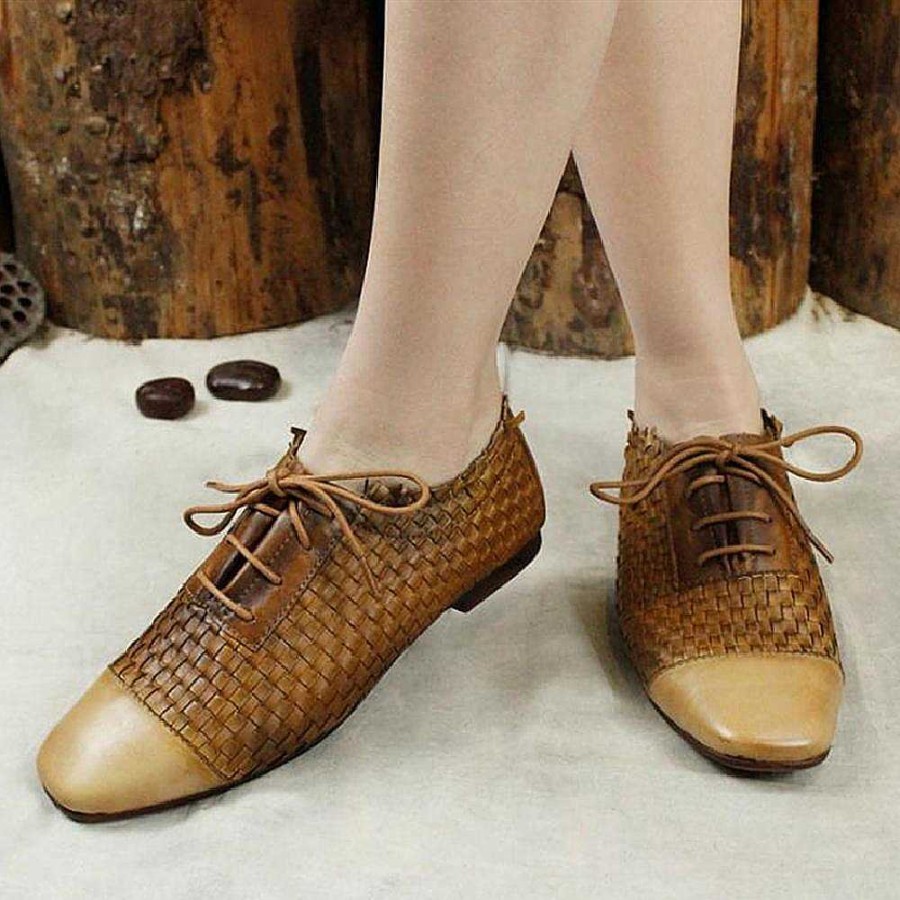 Dwarves Women Fashion Oxfords Leather Flats Lace-Up Brogue Knitting Ankle Shoes