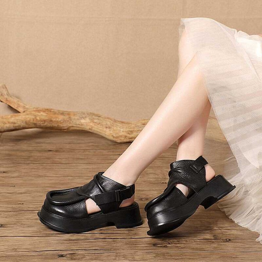 Dwarves Genuine Leather Platform Slingback Sandals Side Button Retro Block Heel In /