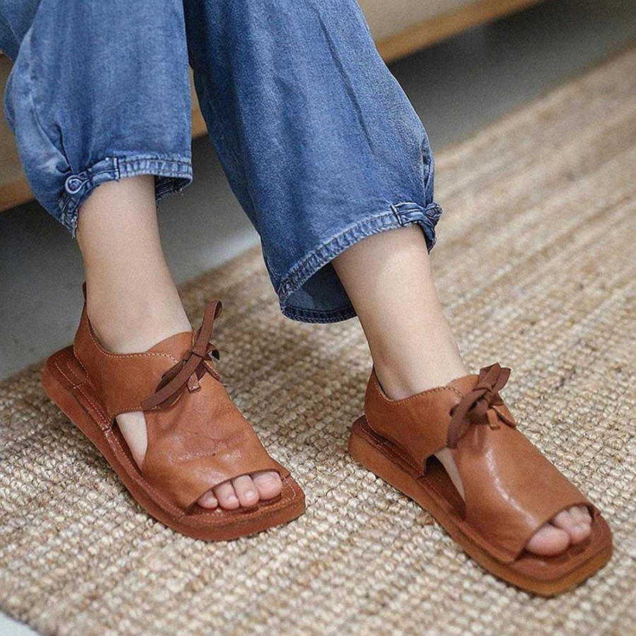 Dwarves 2021 Designer Summer Shoes Genuine Leather Sandals Square Toe Retro Flats /