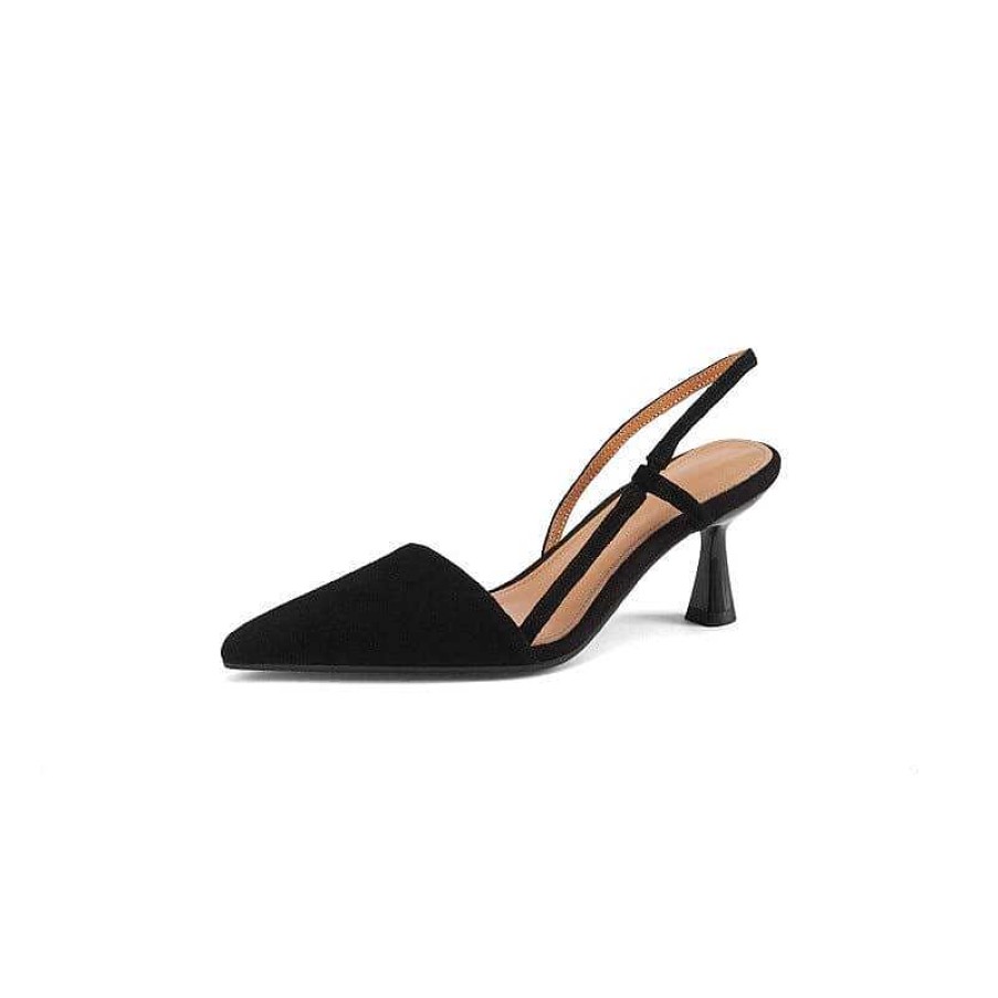 Dwarves Point Toe Sheepskin Slingback Stiletto Heels In Black - Kitten Heels Sandals