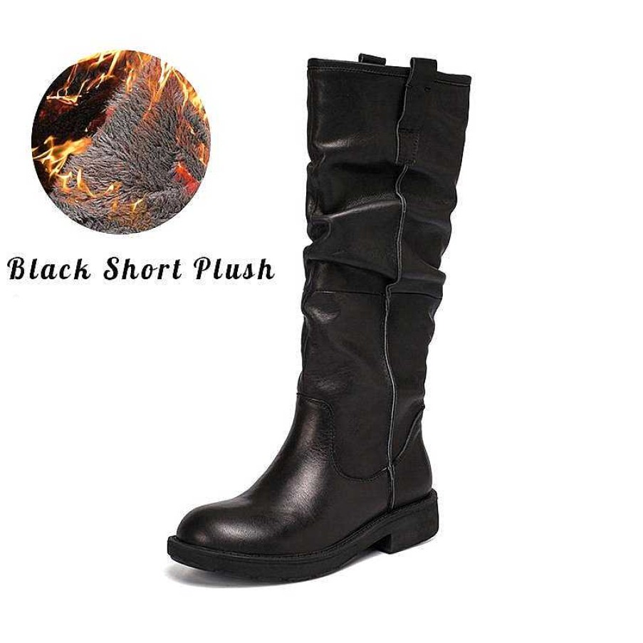 Dwarves Waxing Leather Knee High Boots Fold Design Riding Boots /