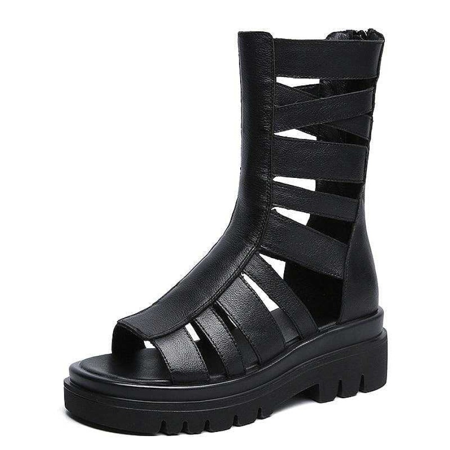 Dwarves Genuine Leather Platform Sandals Back Zip Summer Boots Open Toe In