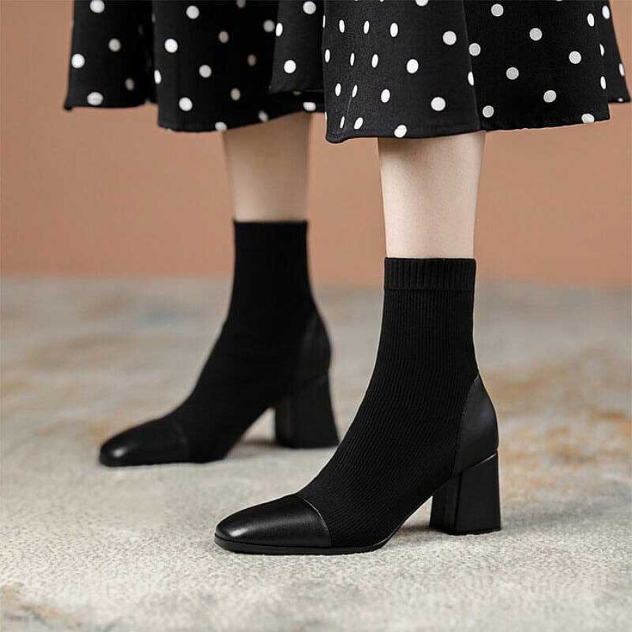 Dwarves Classic Elegant Slimming Boots Mid Heel Knit Stretch Boots Square Toe Sock Boots In