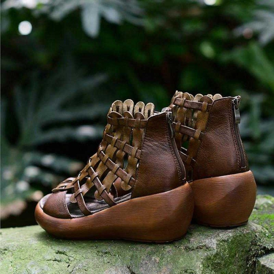 Dwarves Handmade High Platform Sandals Woven Leather Sandals Oxford Retro Wedges-Wide Fit