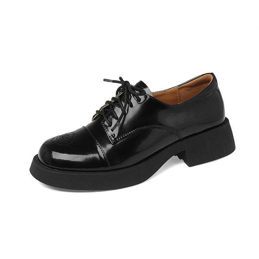 Dwarves Women Round Toe Lace Up Chunky Derby Shoes Genuine Leather Contrast Color