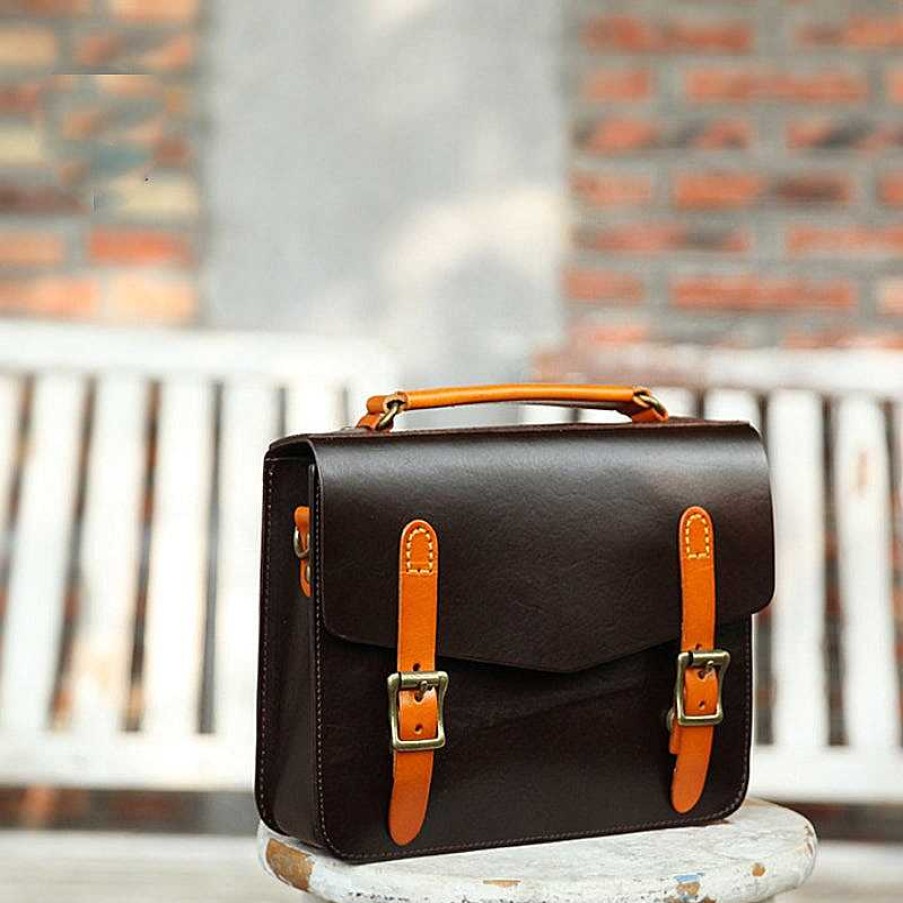 Dwarves Vegetable Tanned Leather Women'S Bag Cambridge Bag Vintage Clash Color Messenger Bag