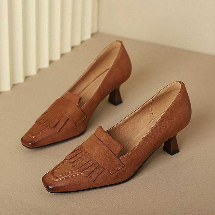 Dwarves Womens Handmade Leather Square Toe Kitty Heel Slip On Pumps Tassels Details In / /