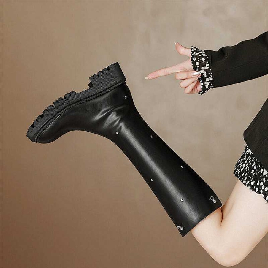 Dwarves Rivet Riding Boots For Women In / Leather - Chunky Sole Tall Boots