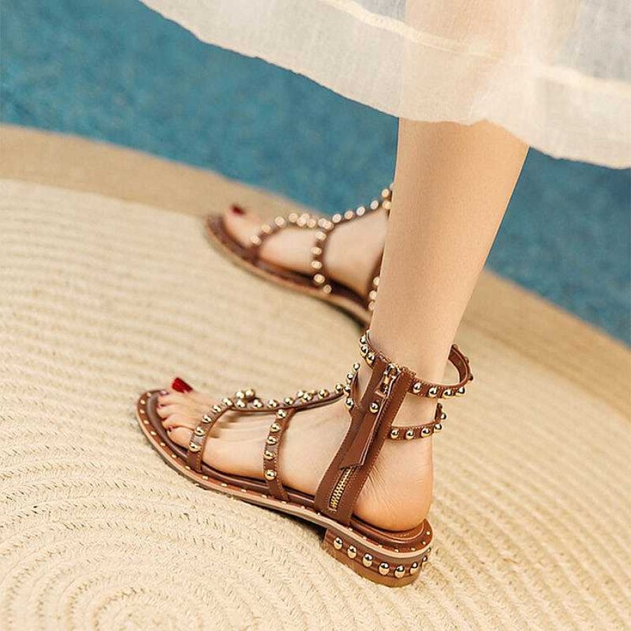 Dwarves Genuine Leather Rivet Flat Gladiator Sandals In Strappy Studded Sandals