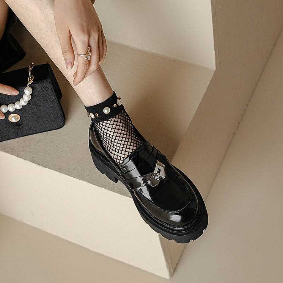 Dwarves Chunky Loafers Women Smooth Genuine Leather Platform Shoes Round Toe Metal Chain Details