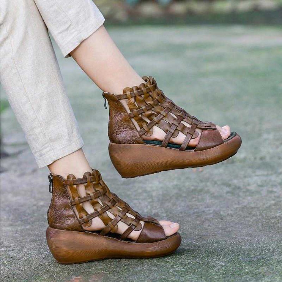 Dwarves Handmade High Platform Sandals Woven Leather Sandals Oxford Retro Wedges-Wide Fit