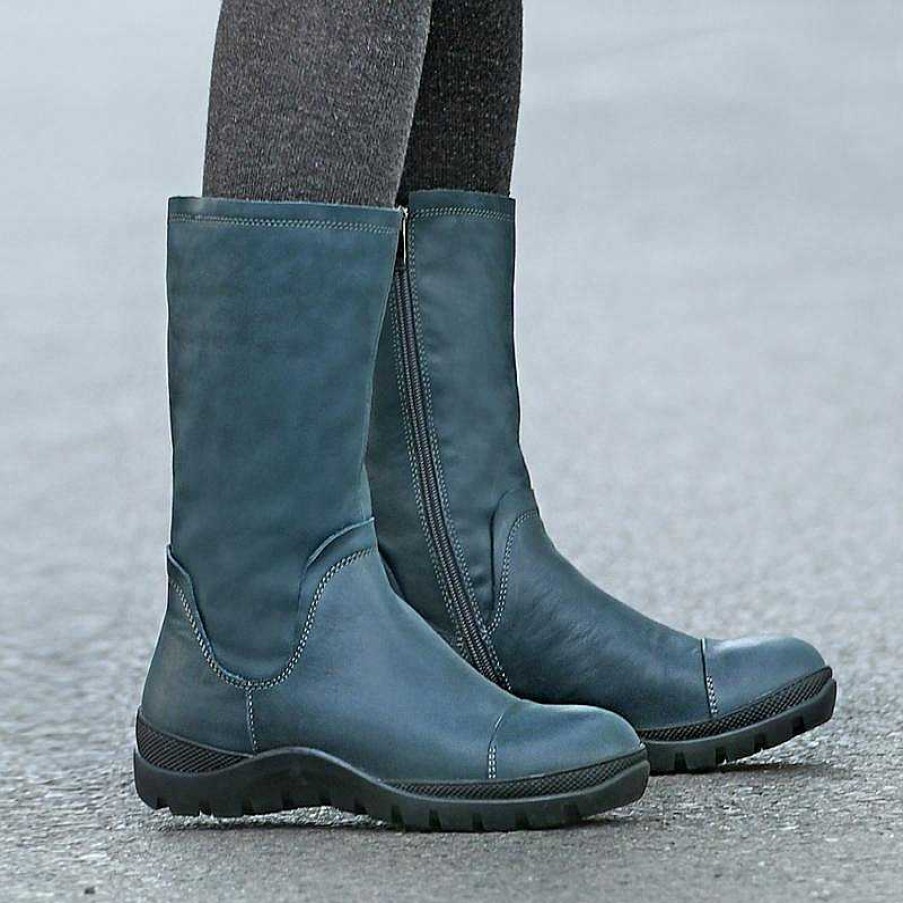 Dwarves Wide Fit Handmade Leather Side Zip Calf Length Boots For Cold Winter Designer Shoes Black/Blue