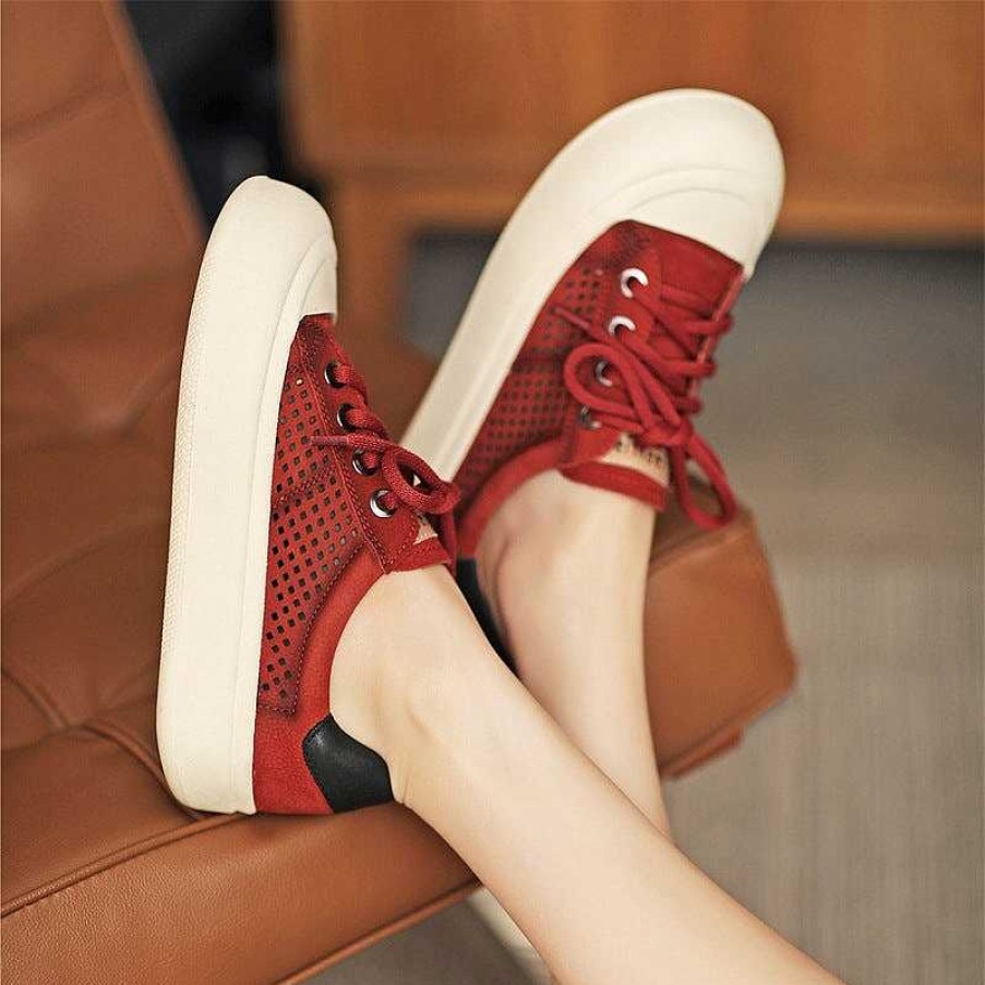 Dwarves Leather Perforated Flatform Sneakers For Women Low-Top Travel In /