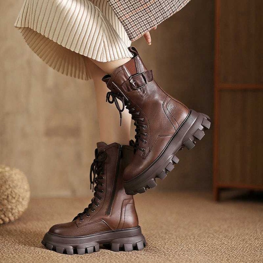 Dwarves Lace-Up Combat Boots Women Biker Boots Retro Short Boots Handmade Genuine Leather Martin Boots