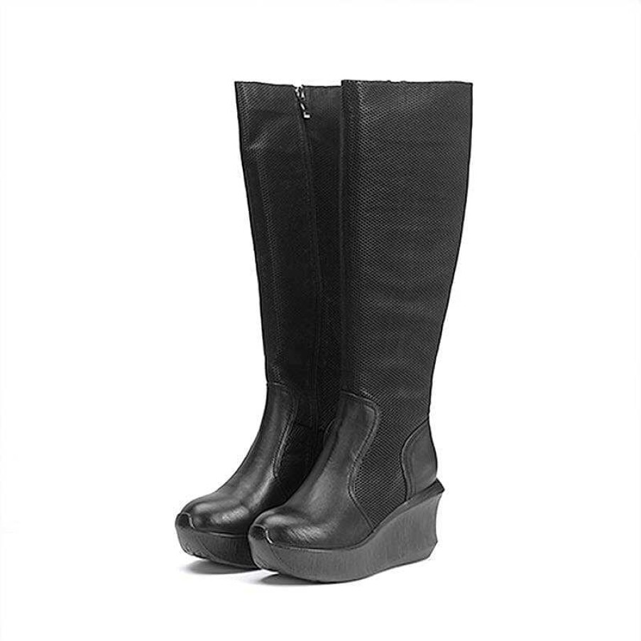 Dwarves Designer 83Mm Knee-High Wedge Boots Leather Slimming Boots For Winter In Black