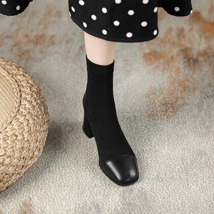 Dwarves Classic Elegant Slimming Boots Mid Heel Knit Stretch Boots Square Toe Sock Boots In