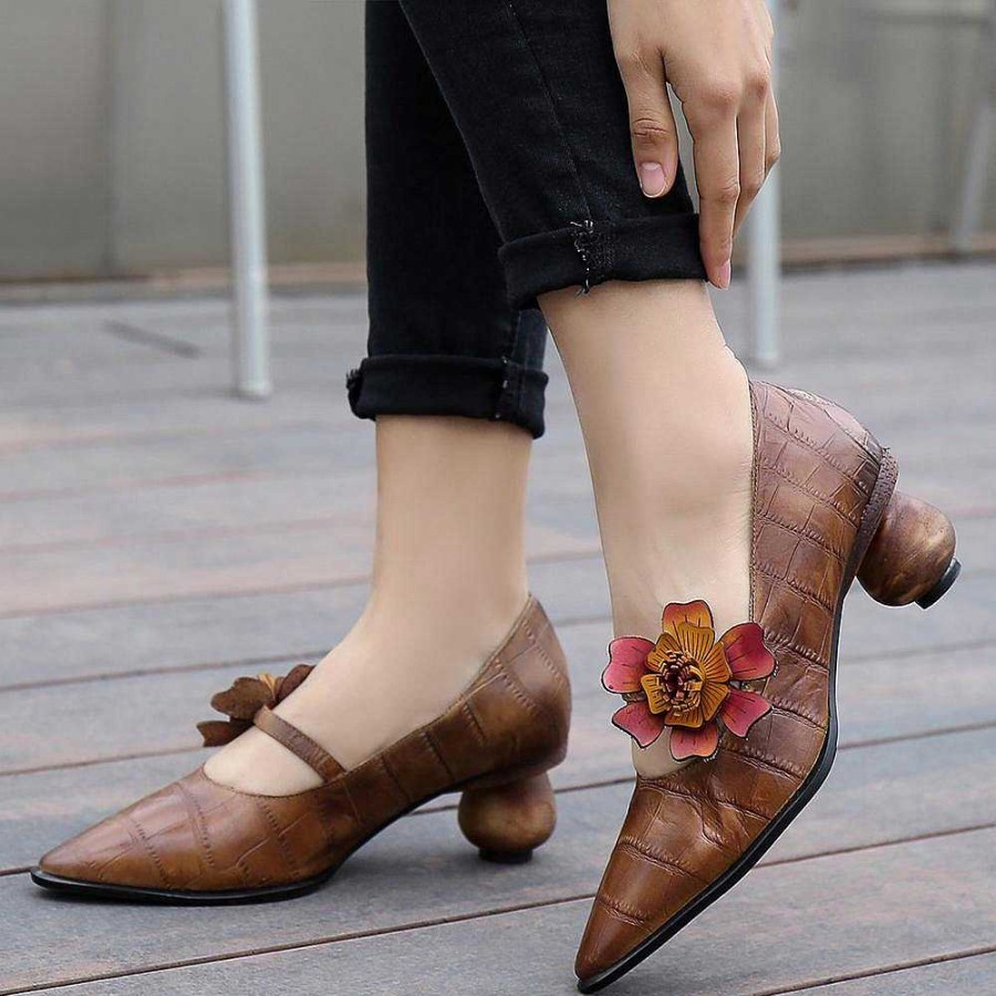 Dwarves Handmade Genuine Leather Retro Pointed Toe Heels Pumps Women Shoes Block Heels Slip On Office Shoes