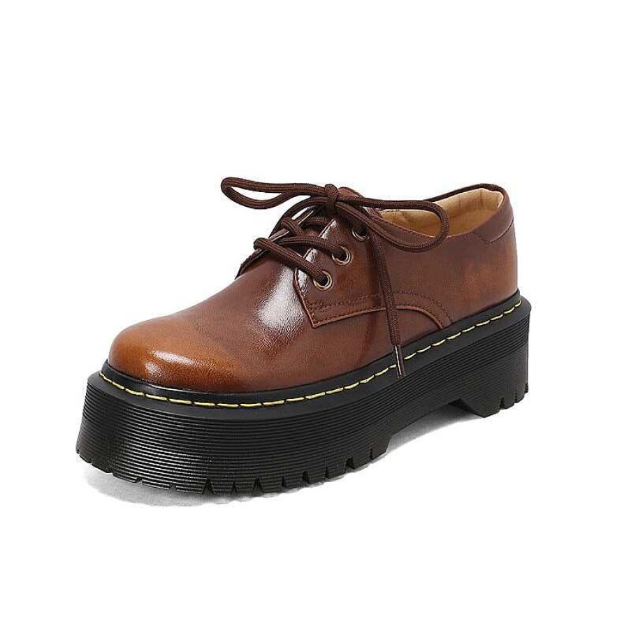 Dwarves Leather Platform Derby Shoes For Women Round Toe Lace Up Oxford Shoes In /