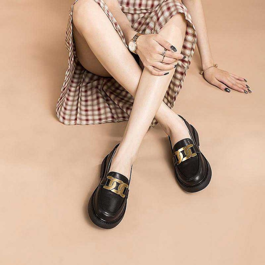 Dwarves Matte Leather Metal Buckle Loafers For Women Handmade Retro Square Heel /