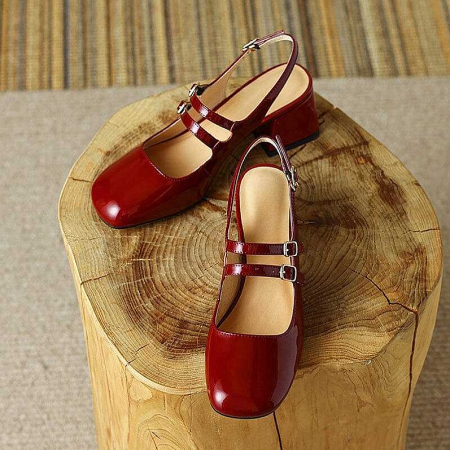 Dwarves Slingback Leather Mary Jane Pumps Double Strap Block Heel Office Shoes