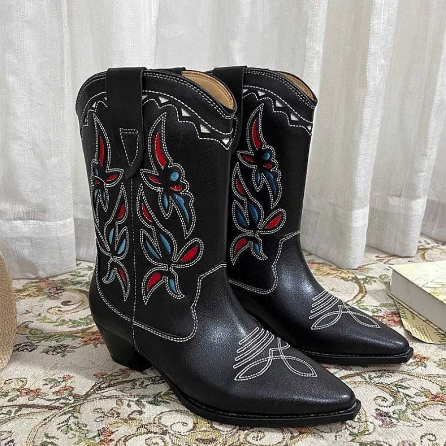 Dwarves Womens Western Boots Block Heel Cut-Out Cowboy Boots All Genuine Leather