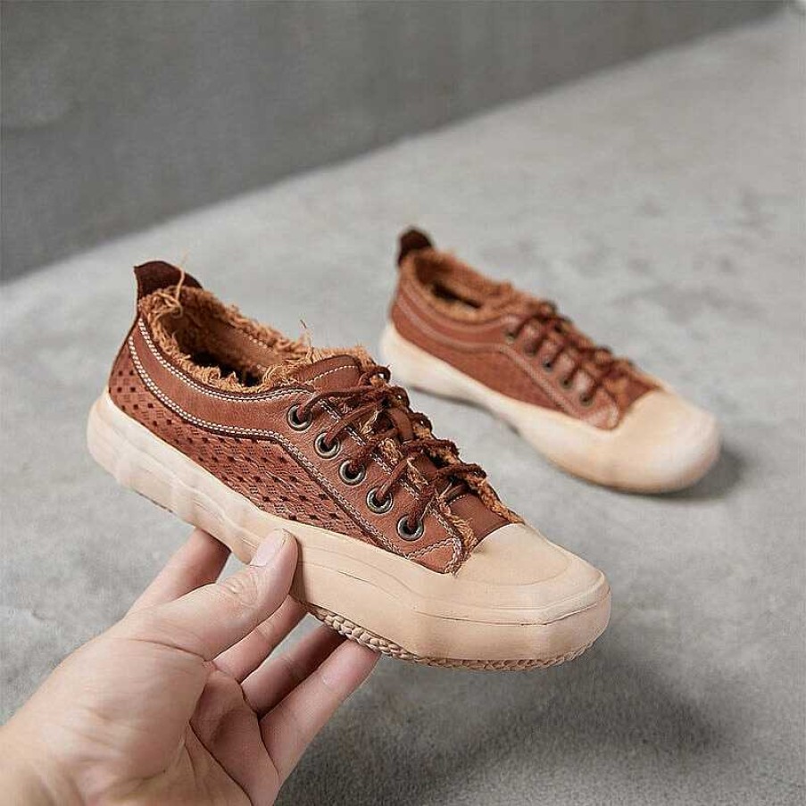 Dwarves Leather Flatform Low-Top Perforated Sneakers For Women Fringed Detail In /