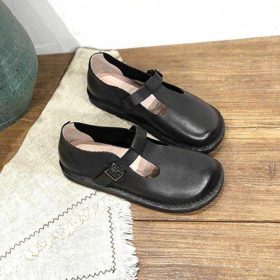 Dwarves Handmade Leather Flat Mary Jane Shoes For Womens Round Toe Retro Buckle Sandals /