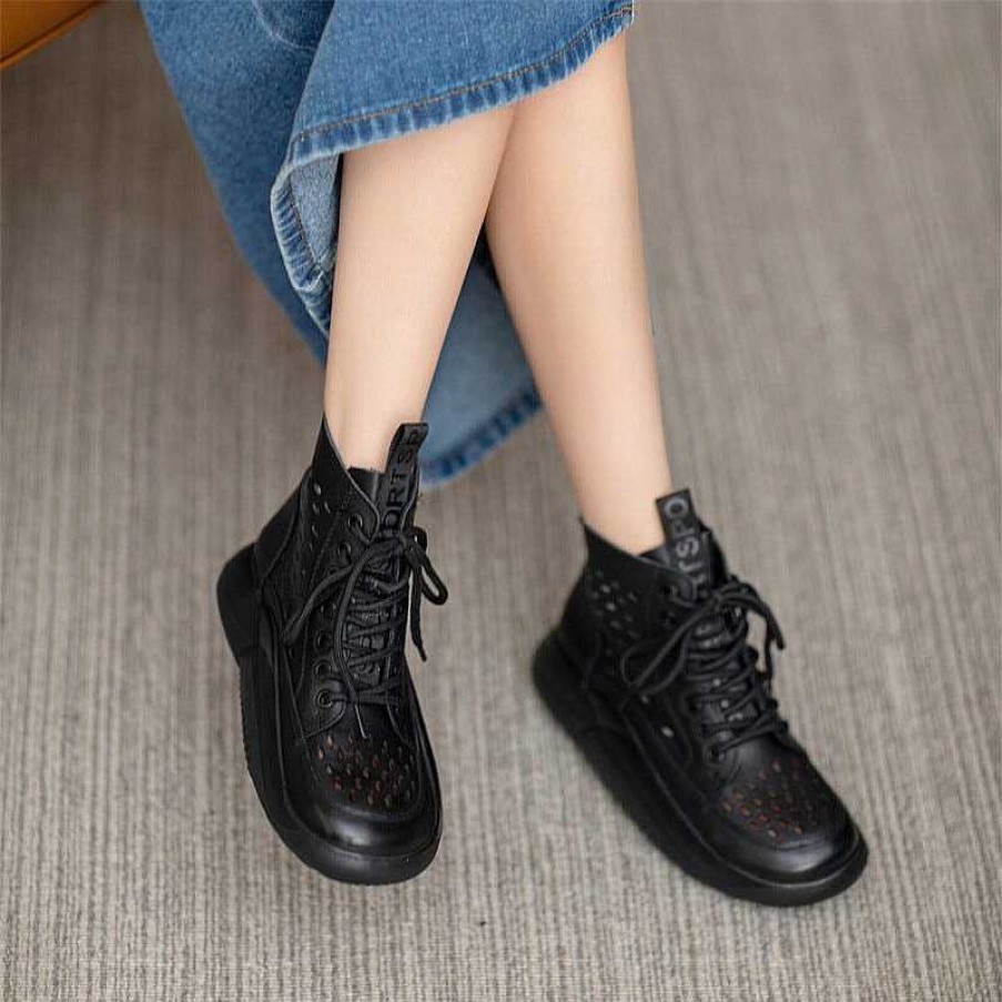 Dwarves Womens Lace Up Summer Boots Handmade Leather Hollow Out Platform Boots /