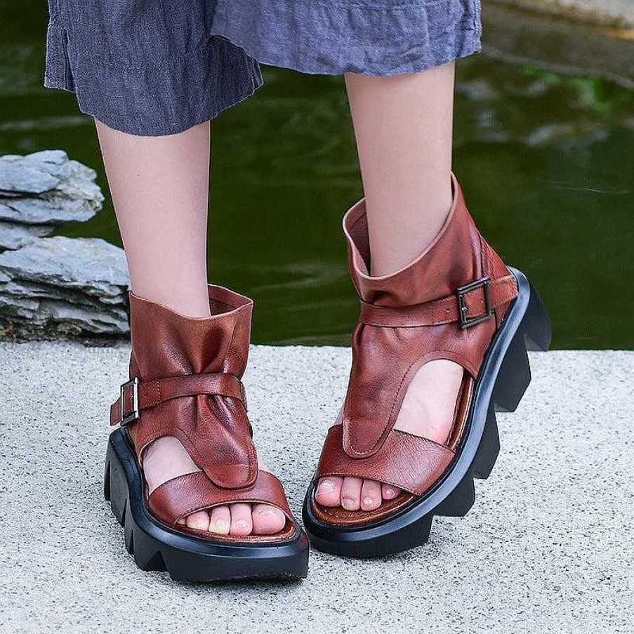 Dwarves Genuine Leather Platform Sandals Boots For Women Peep Toe Buckle Sandals Side Zipper / / /