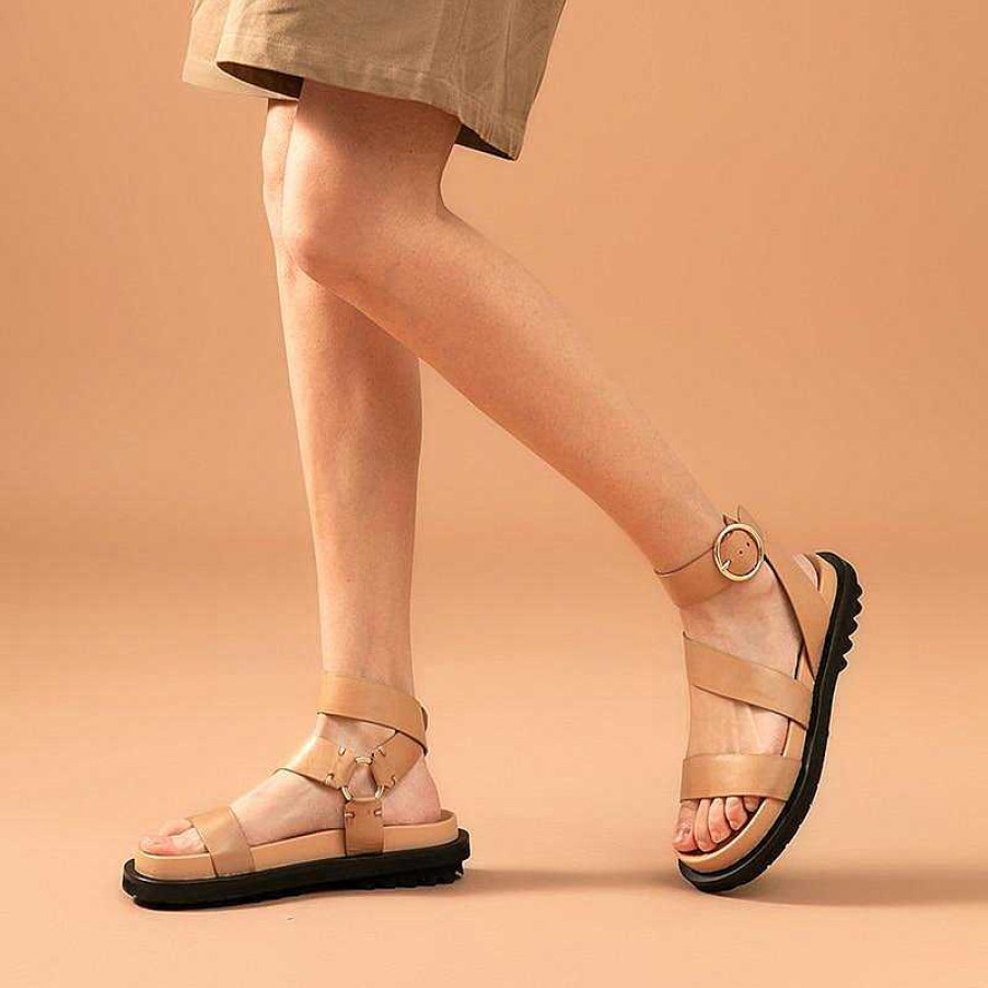 Dwarves Sandals Women Sheepskin Genuine Leather Ankle Strap Metal Ring Buckle Lady Summer Platform Shoes Handmade 38123