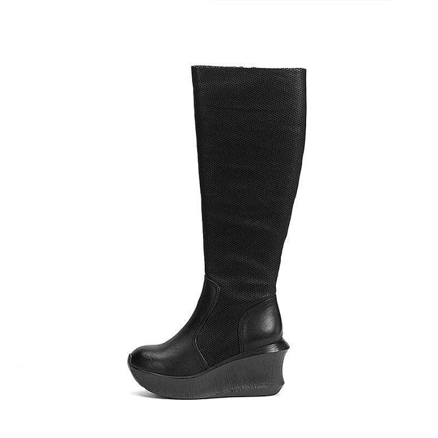 Dwarves Designer 83Mm Knee-High Wedge Boots Leather Slimming Boots For Winter In Black